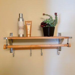 Wooden Shelf with Towel Rack & Hooks